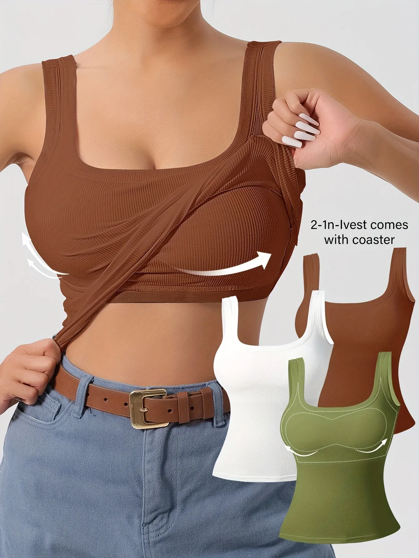 Women's 3pcs Ribbed U-Back Tank Tops With Removable Pads, Slim Fit, Solid Colors, Casual, Layering & Outerwear Camisoles