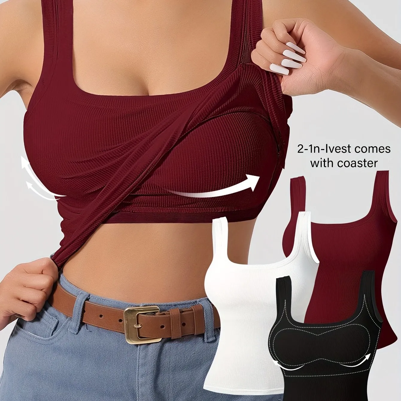 Women's 3pcs Ribbed U-Back Tank Tops With Removable Pads, Slim Fit, Solid Colors, Casual, Layering & Outerwear Camisoles