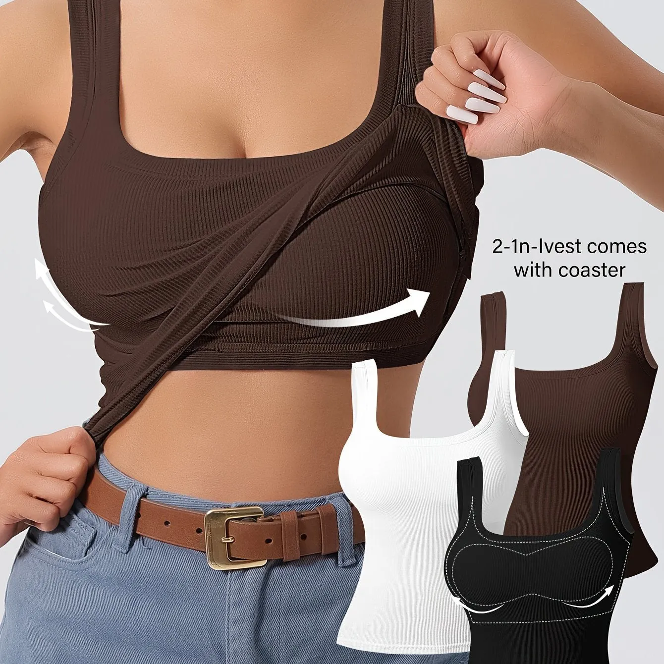 Women's 3pcs Ribbed U-Back Tank Tops With Removable Pads, Slim Fit, Solid Colors, Casual, Layering & Outerwear Camisoles