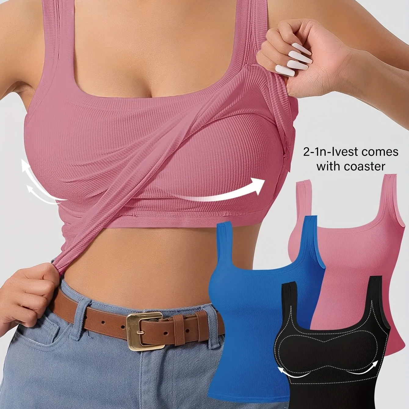 Women's 3pcs Ribbed U-Back Tank Tops With Removable Pads, Slim Fit, Solid Colors, Casual, Layering & Outerwear Camisoles