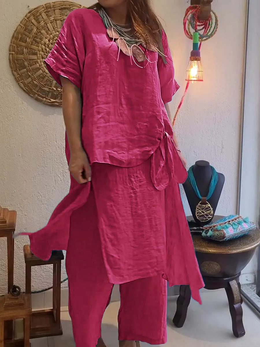 Women's Solid Color Round Neck Short Sleeve Culottes Casual Linen Two-piece Suit