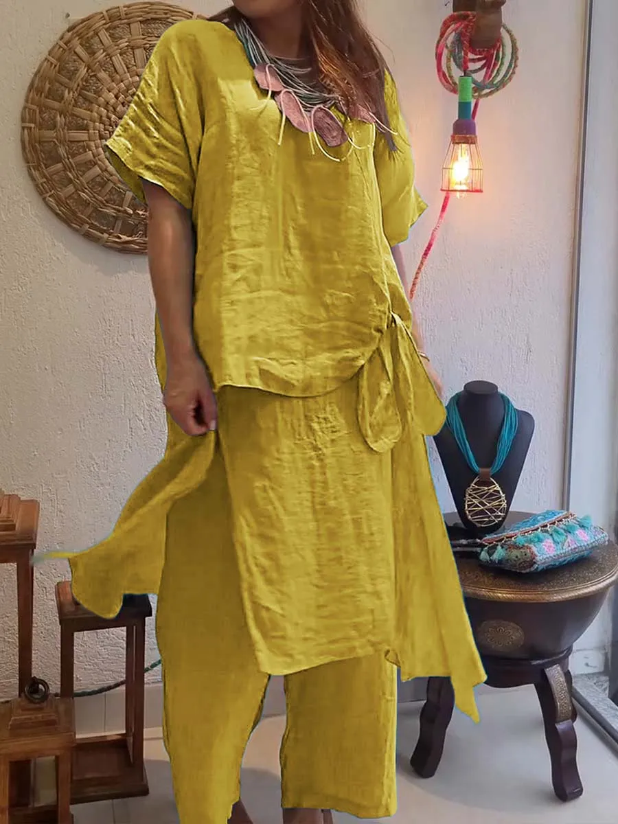 Women's Solid Color Round Neck Short Sleeve Culottes Casual Linen Two-piece Suit