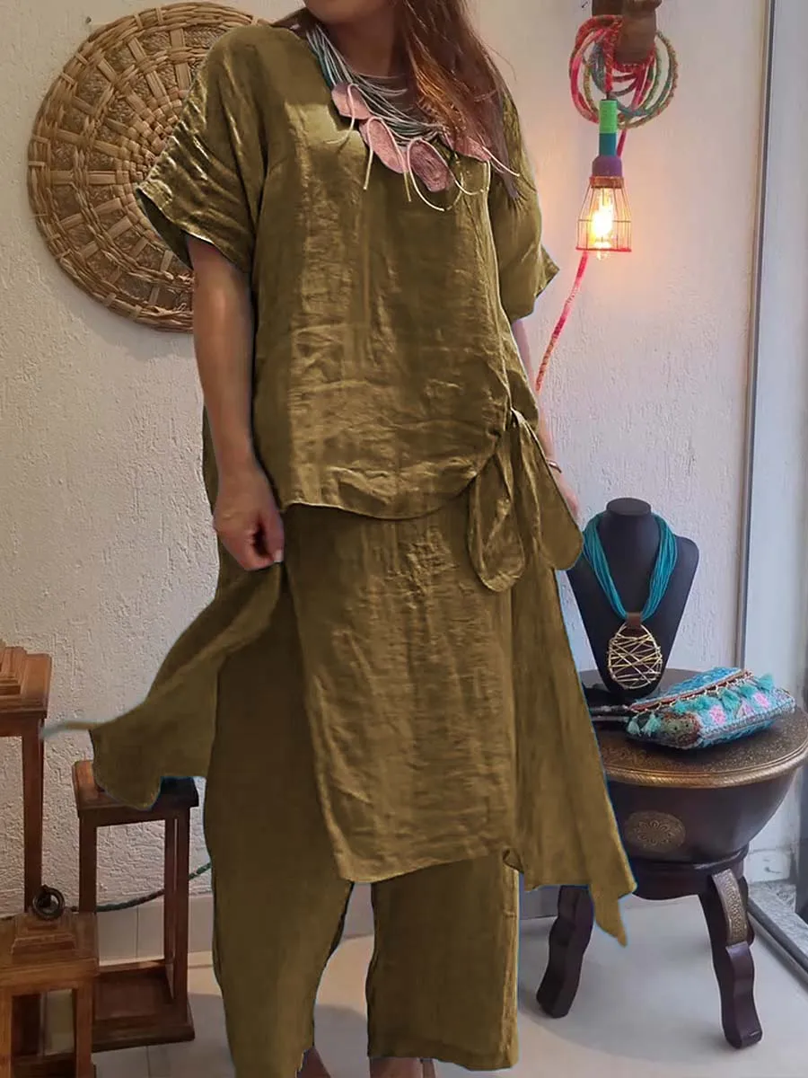 Women's Solid Color Round Neck Short Sleeve Culottes Casual Linen Two-piece Suit
