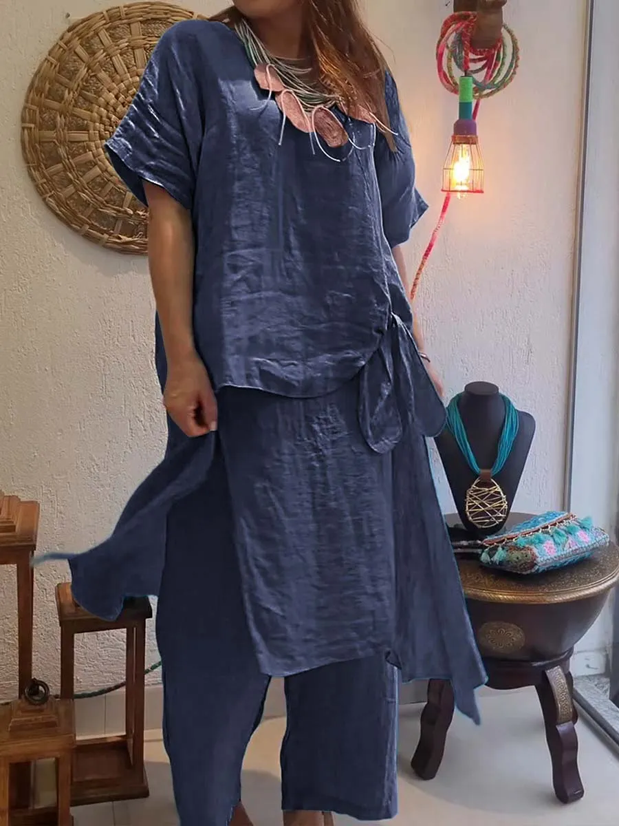 Women's Solid Color Round Neck Short Sleeve Culottes Casual Linen Two-piece Suit