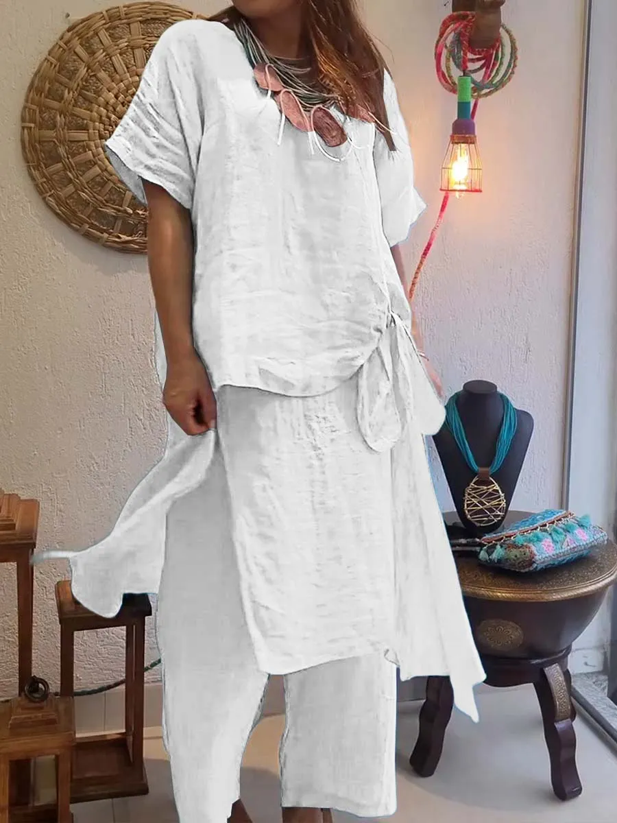 Women's Solid Color Round Neck Short Sleeve Culottes Casual Linen Two-piece Suit