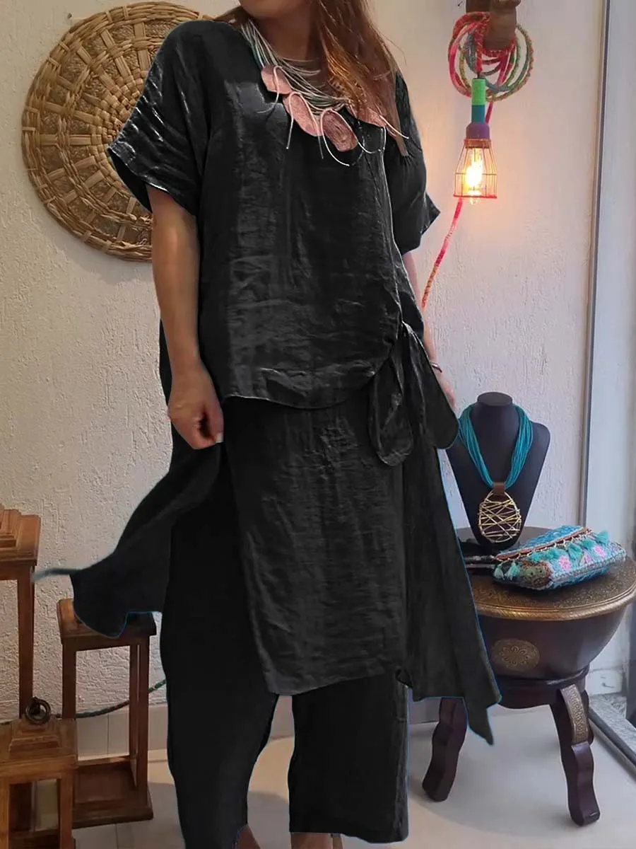 Women's Solid Color Round Neck Short Sleeve Culottes Casual Linen Two-piece Suit