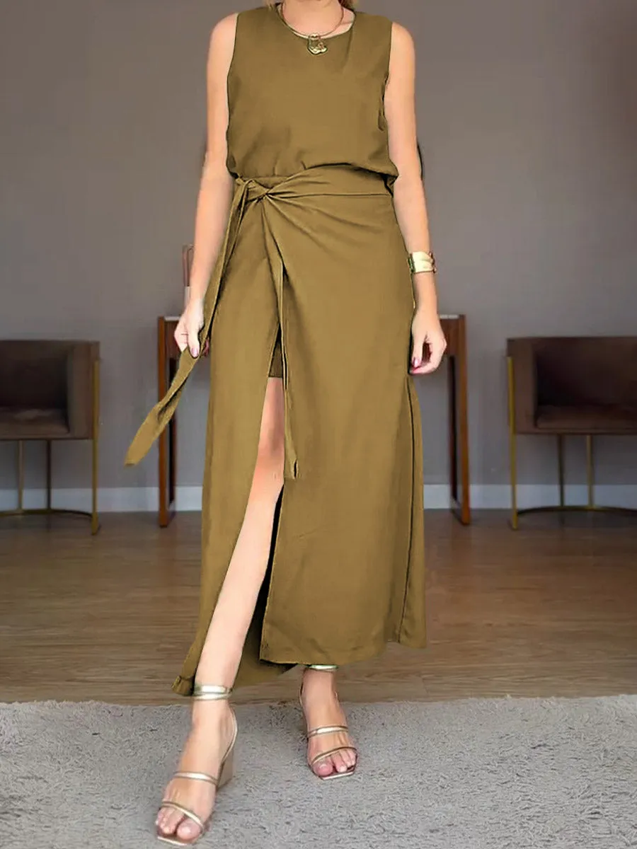 Women's Solid Color Round Neck Sleeveless Linen Vest High Waist Casual Lace-up Culottes Set