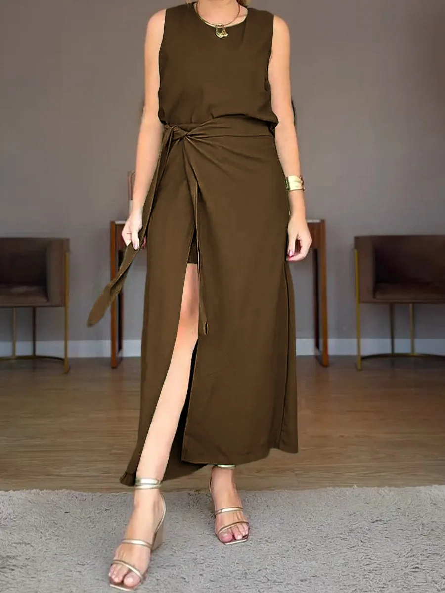 Women's Solid Color Round Neck Sleeveless Linen Vest High Waist Casual Lace-up Culottes Set