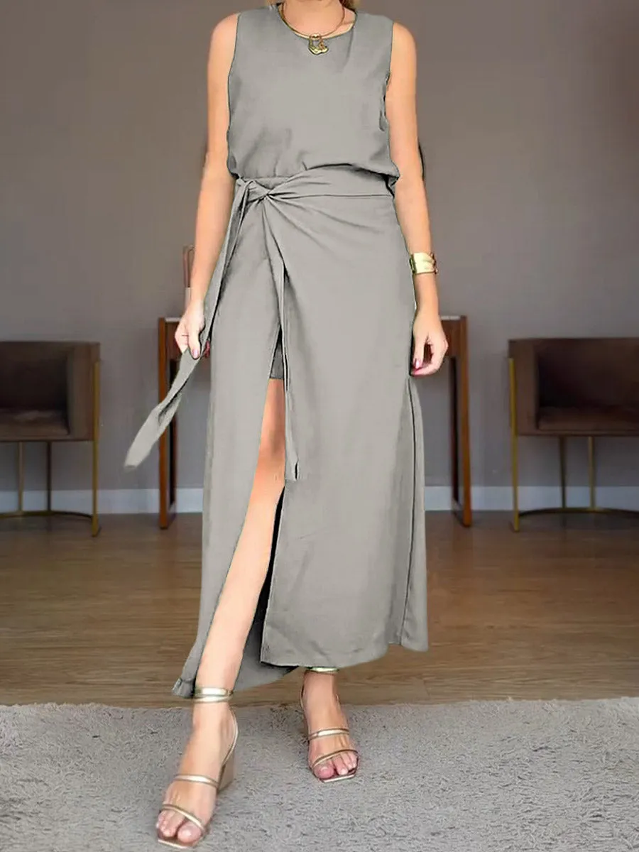 Women's Solid Color Round Neck Sleeveless Linen Vest High Waist Casual Lace-up Culottes Set