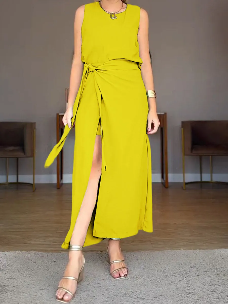 Women's Solid Color Round Neck Sleeveless Linen Vest High Waist Casual Lace-up Culottes Set