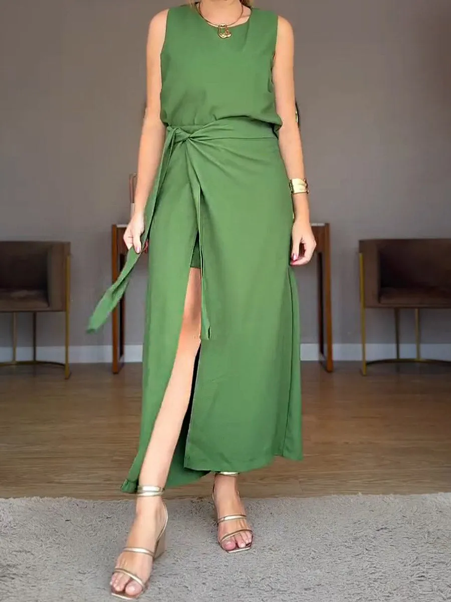 Women's Solid Color Round Neck Sleeveless Linen Vest High Waist Casual Lace-up Culottes Set