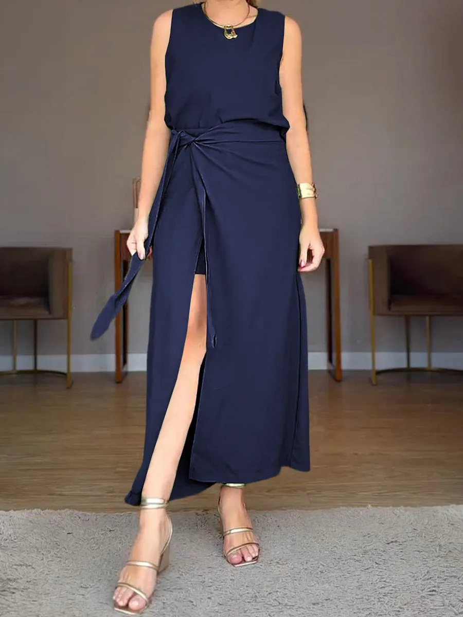Women's Solid Color Round Neck Sleeveless Linen Vest High Waist Casual Lace-up Culottes Set