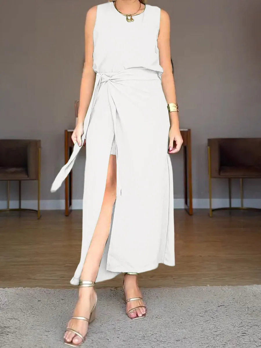 Women's Solid Color Round Neck Sleeveless Linen Vest High Waist Casual Lace-up Culottes Set