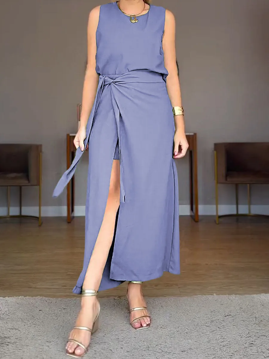 Women's Solid Color Round Neck Sleeveless Linen Vest High Waist Casual Lace-up Culottes Set