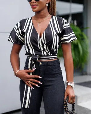 Women's Strip Print V Neck Blouse Casual Wrap Shirt