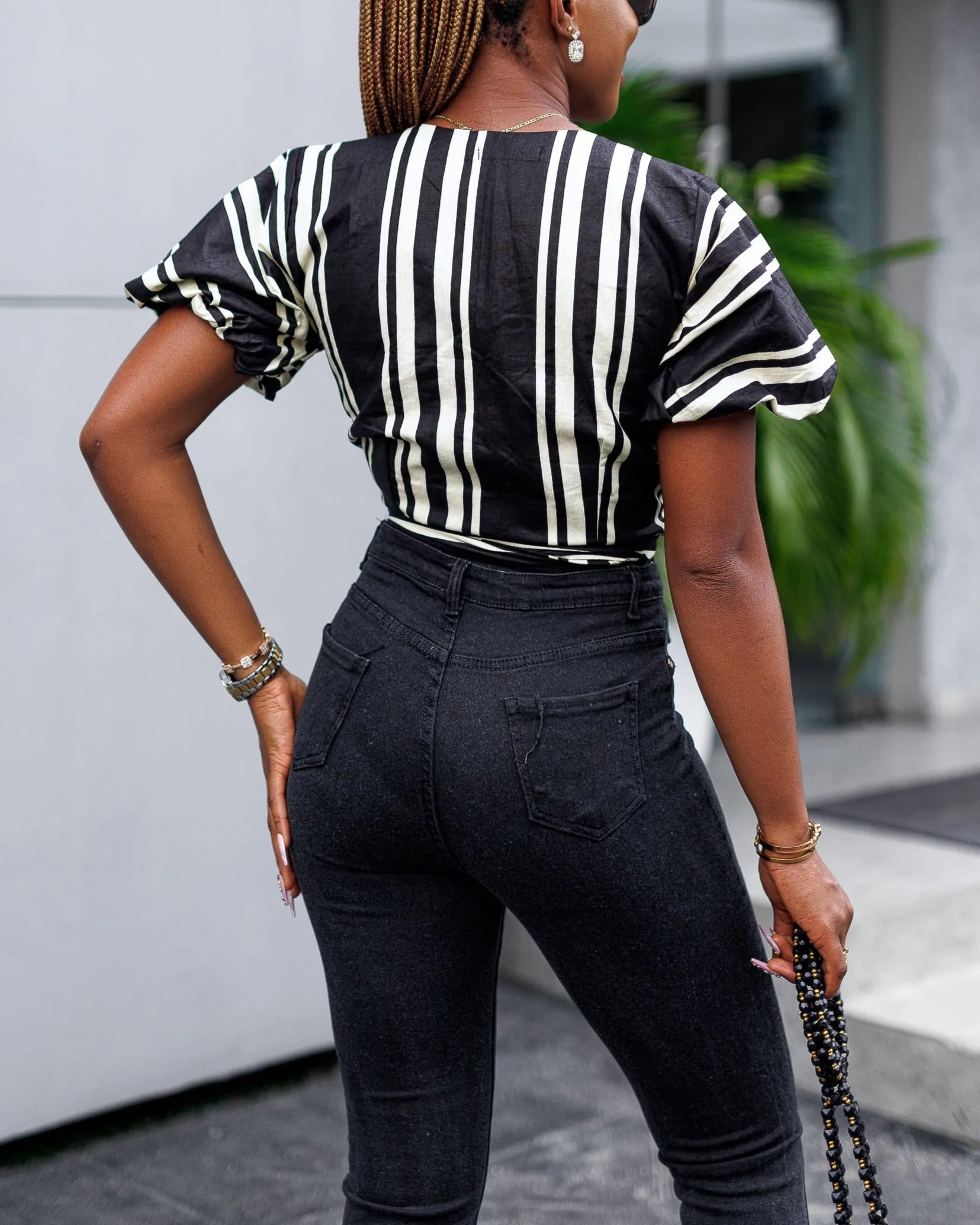 Women's Strip Print V Neck Blouse Casual Wrap Shirt