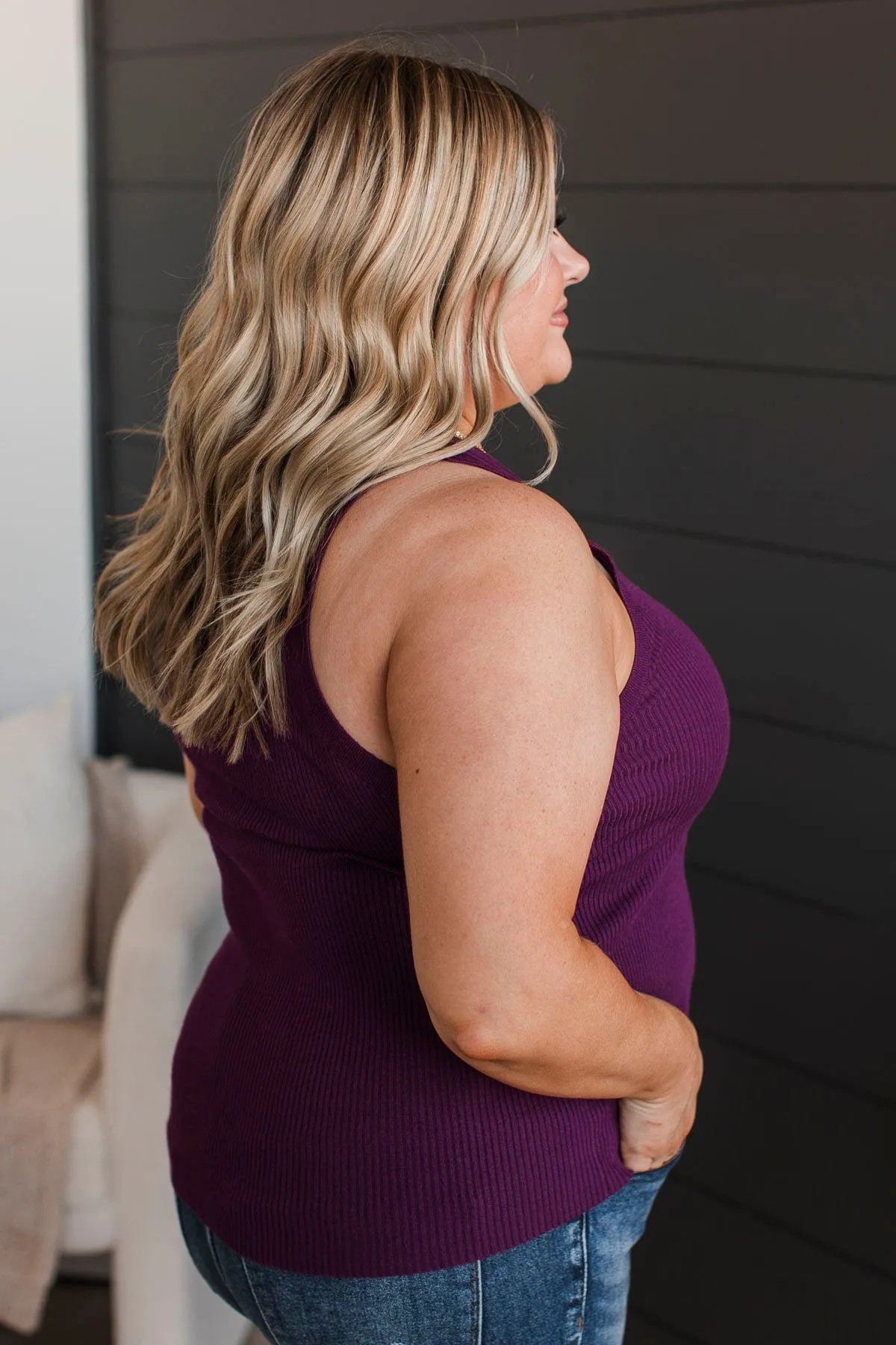 Worth A Shot Ribbed Knit Tank Top- Plum