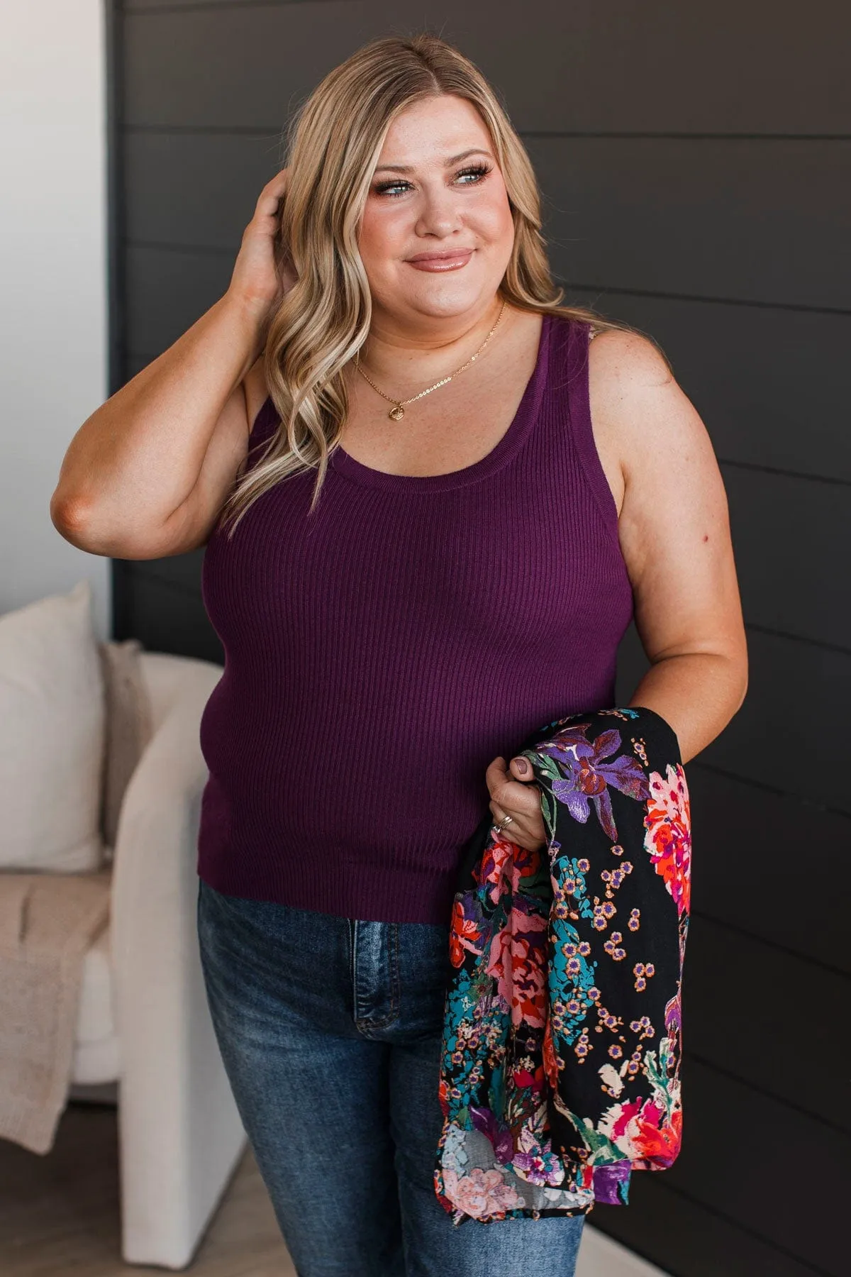 Worth A Shot Ribbed Knit Tank Top- Plum