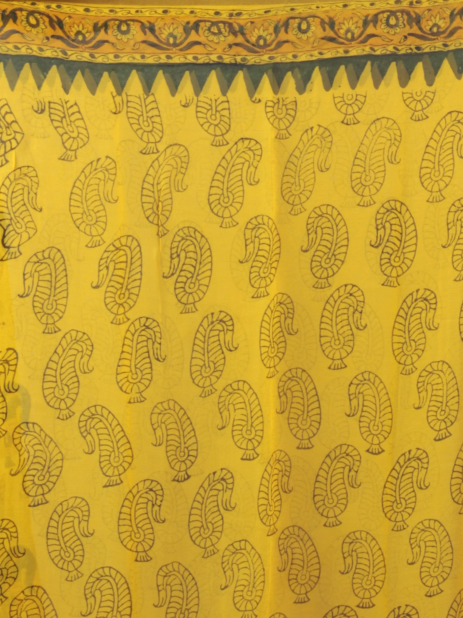 Yellow Green Light Orange Hand Block Printed Chiffon Saree - S031701855