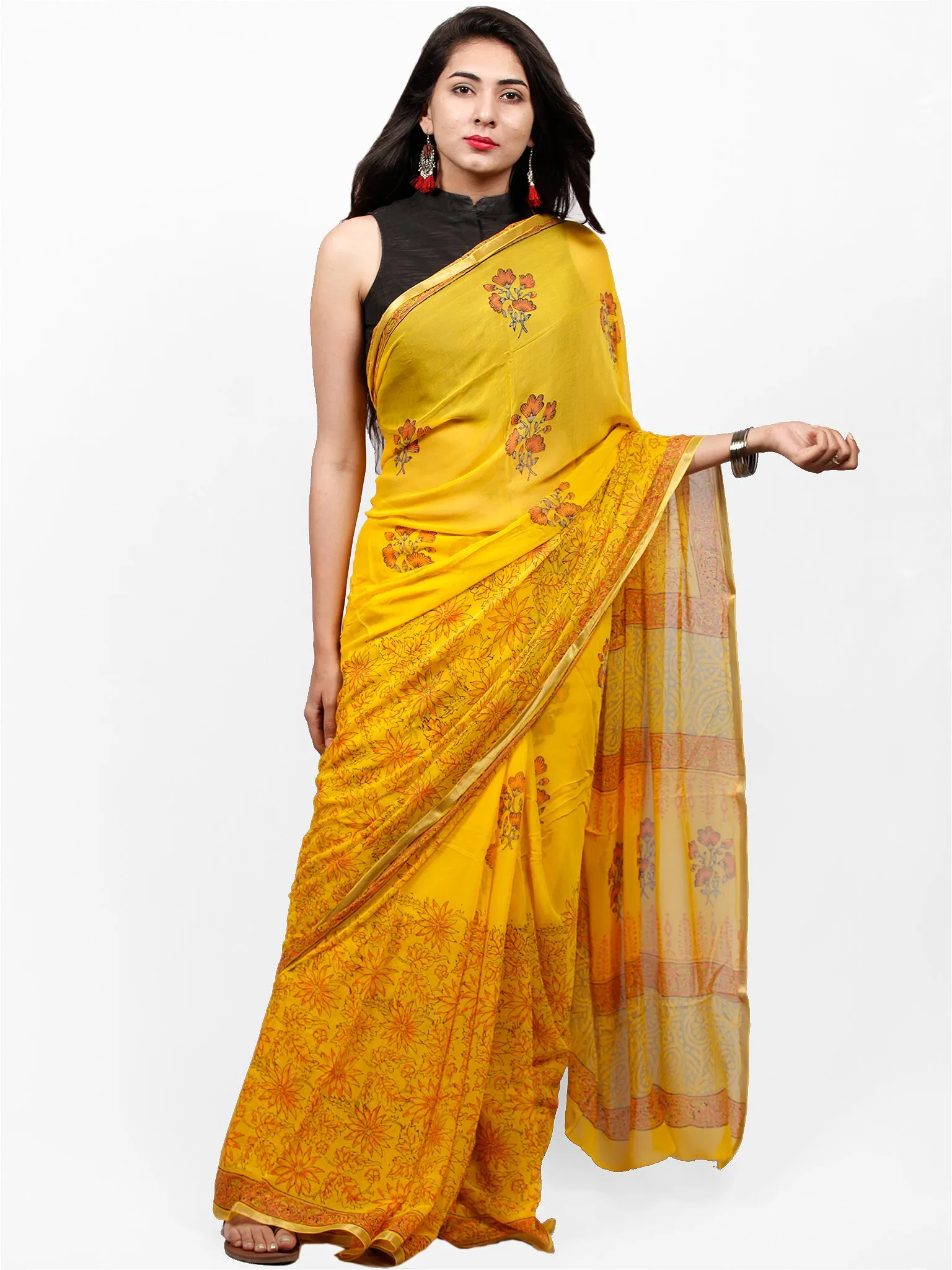 Yellow Orange  Hand Block Printed Chiffon Saree with Zari Border - S031703288
