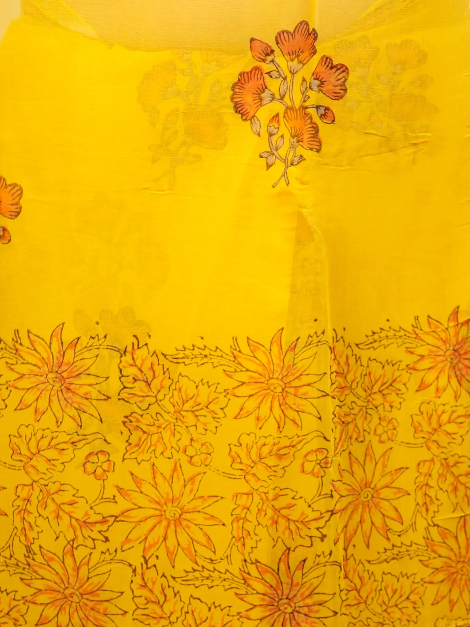 Yellow Orange  Hand Block Printed Chiffon Saree with Zari Border - S031703288