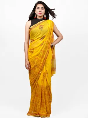 Yellow Orange  Hand Block Printed Chiffon Saree with Zari Border - S031703288