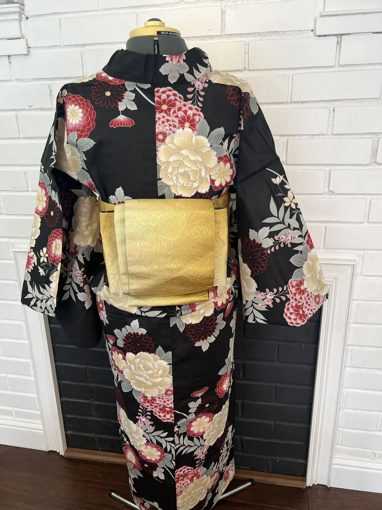 YUKATA and OBI 2 pc set, Black Chrysanthemum & Peony, Size: M / Japanese Traditional Women's Yukata and Han-haba Obi