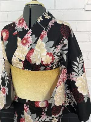 YUKATA and OBI 2 pc set, Black Chrysanthemum & Peony, Size: M / Japanese Traditional Women's Yukata and Han-haba Obi
