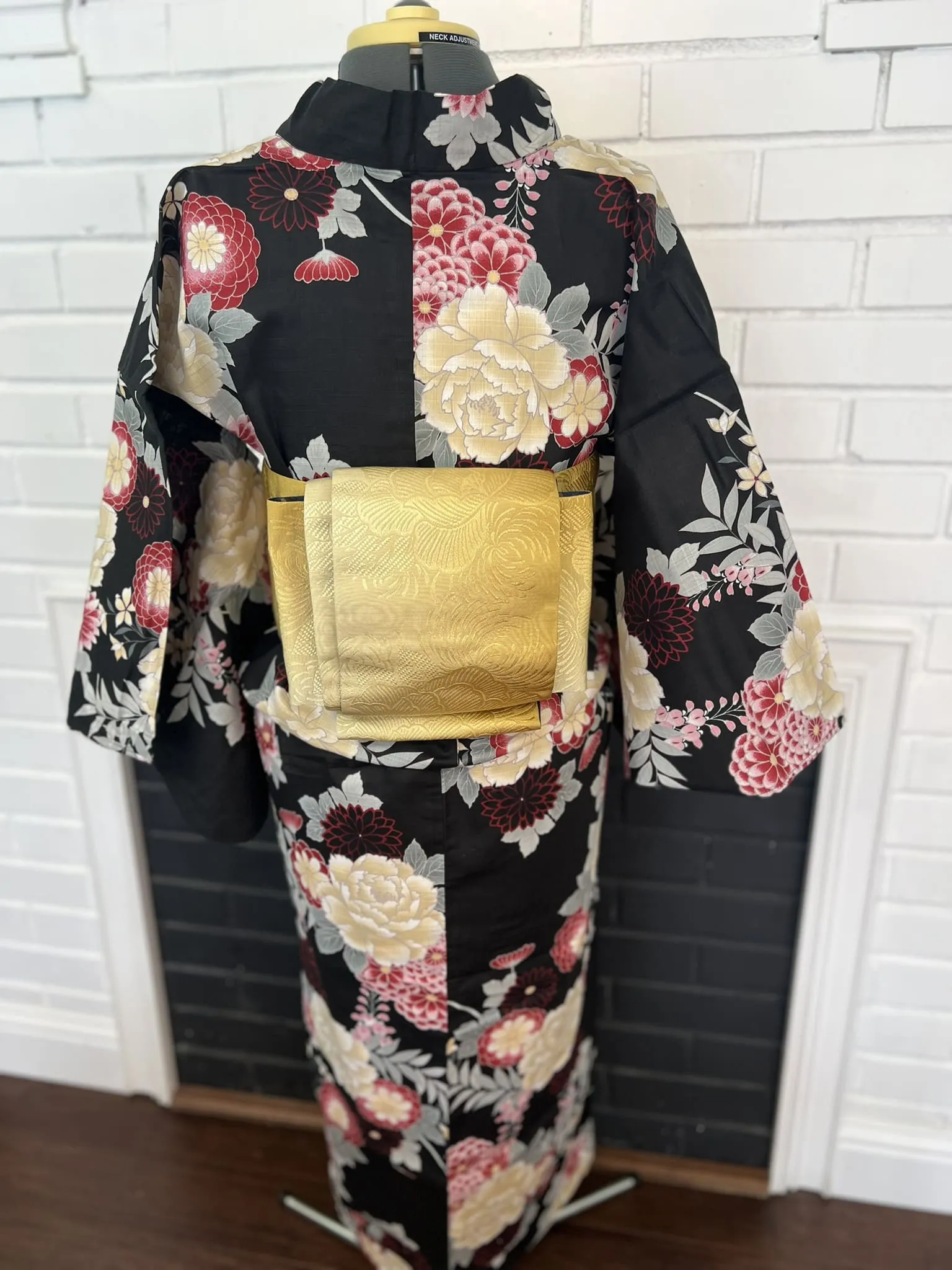 YUKATA and OBI 2 pc set, Black Chrysanthemum & Peony, Size: M / Japanese Traditional Women's Yukata and Han-haba Obi