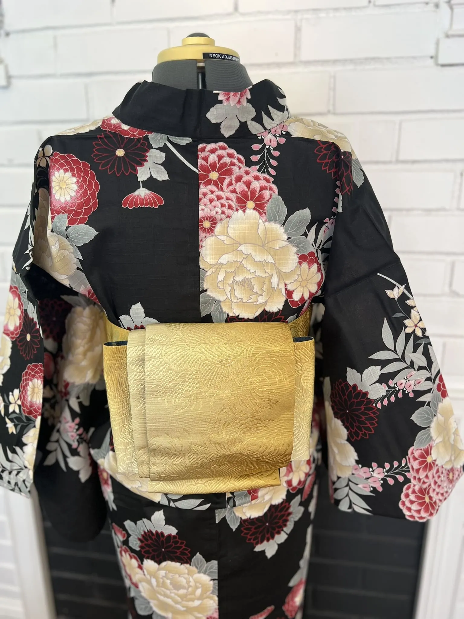YUKATA and OBI 2 pc set, Black Chrysanthemum & Peony, Size: M / Japanese Traditional Women's Yukata and Han-haba Obi