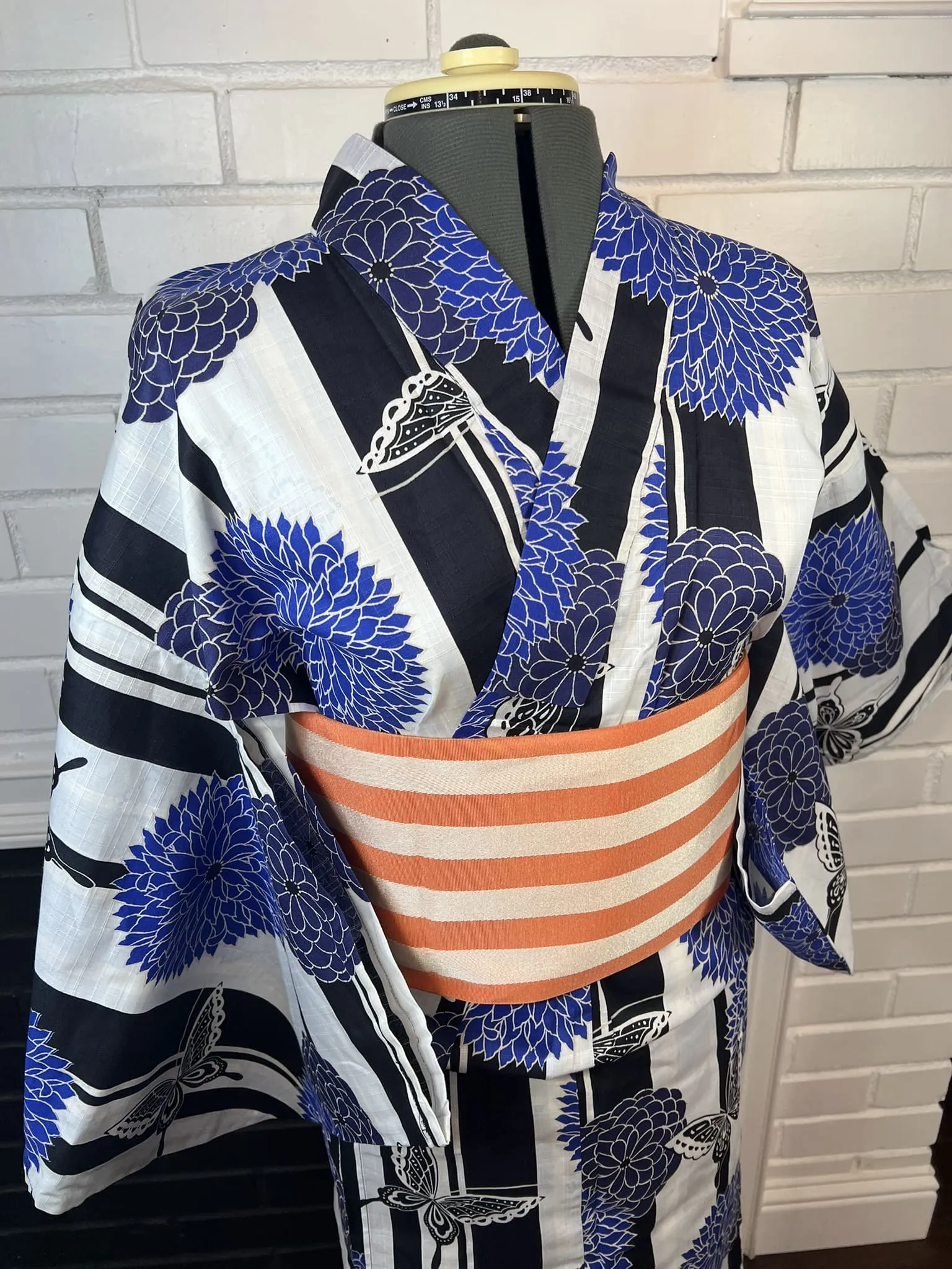 YUKATA and OBI 2 pc set, Size: M-L, Blue Floral & Butterfly Yukata and Orange Stripe Obi Set / Japanese Traditional Women's Yukata and Han-haba Obi