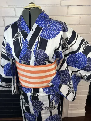 YUKATA and OBI 2 pc set, Size: M-L, Blue Floral & Butterfly Yukata and Orange Stripe Obi Set / Japanese Traditional Women's Yukata and Han-haba Obi