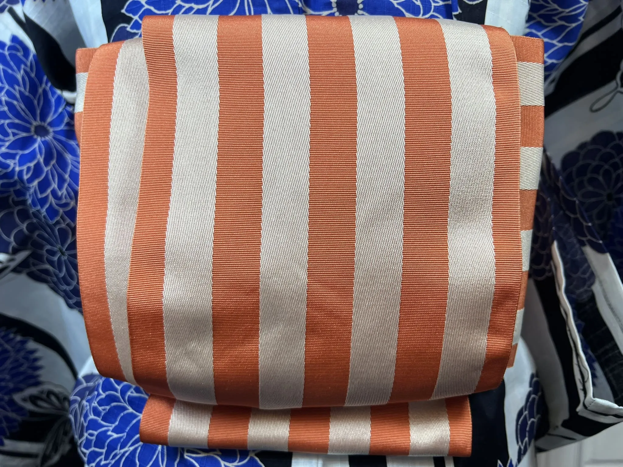 YUKATA and OBI 2 pc set, Size: M-L, Blue Floral & Butterfly Yukata and Orange Stripe Obi Set / Japanese Traditional Women's Yukata and Han-haba Obi
