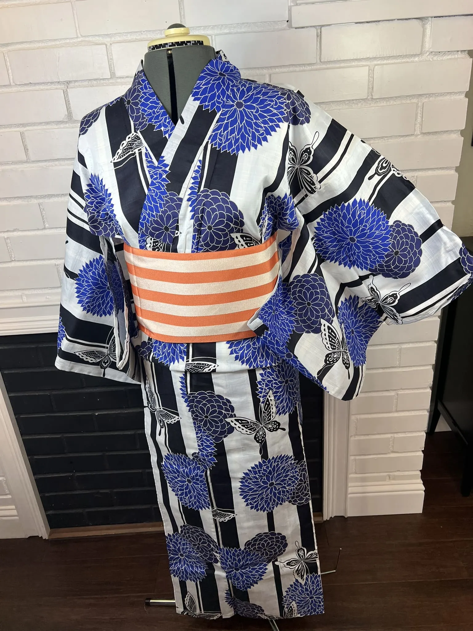 YUKATA and OBI 2 pc set, Size: M-L, Blue Floral & Butterfly Yukata and Orange Stripe Obi Set / Japanese Traditional Women's Yukata and Han-haba Obi
