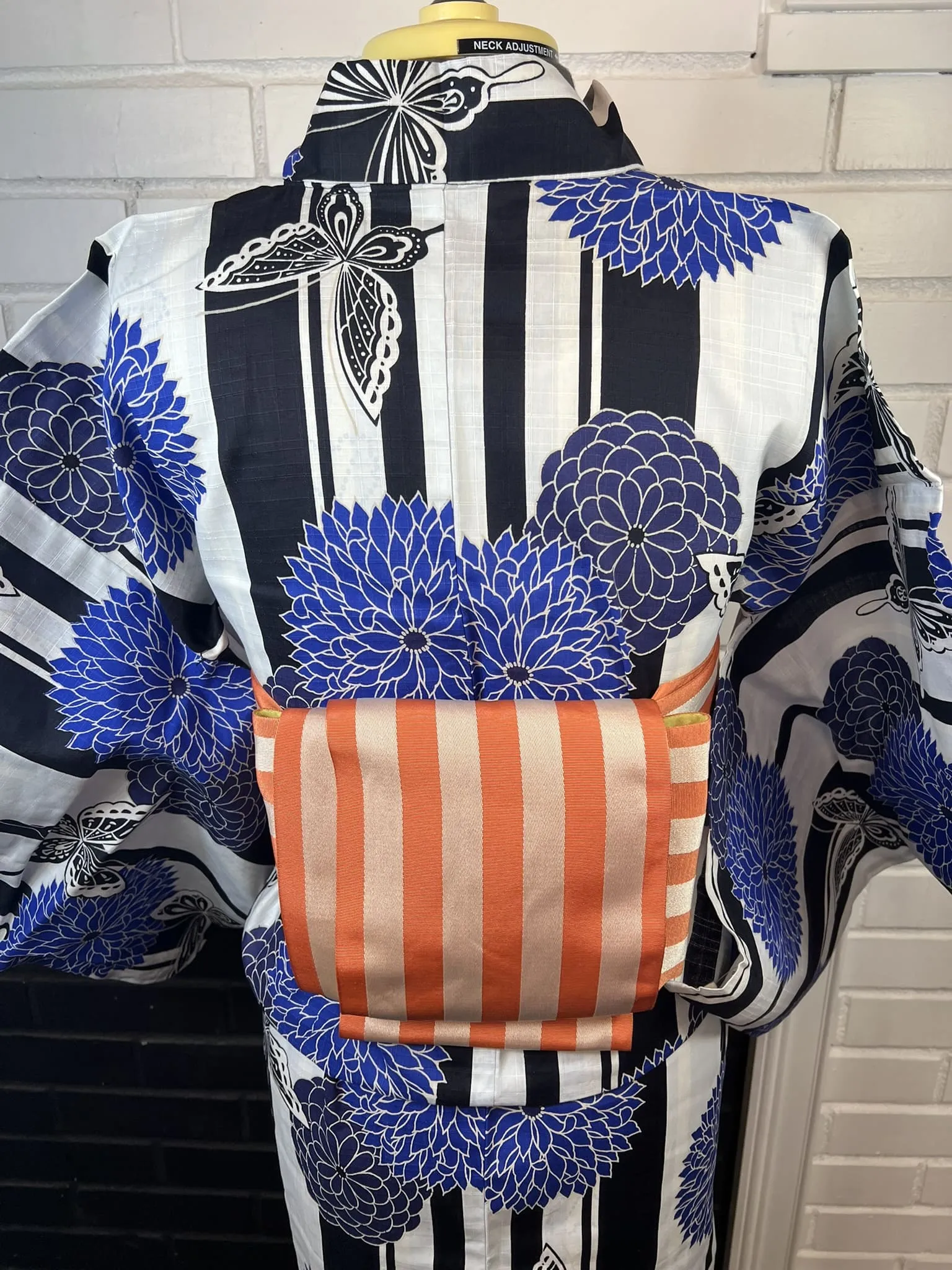 YUKATA and OBI 2 pc set, Size: M-L, Blue Floral & Butterfly Yukata and Orange Stripe Obi Set / Japanese Traditional Women's Yukata and Han-haba Obi