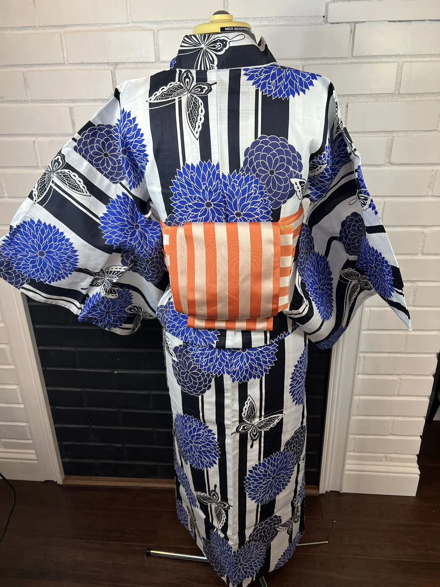 YUKATA and OBI 2 pc set, Size: M-L, Blue Floral & Butterfly Yukata and Orange Stripe Obi Set / Japanese Traditional Women's Yukata and Han-haba Obi