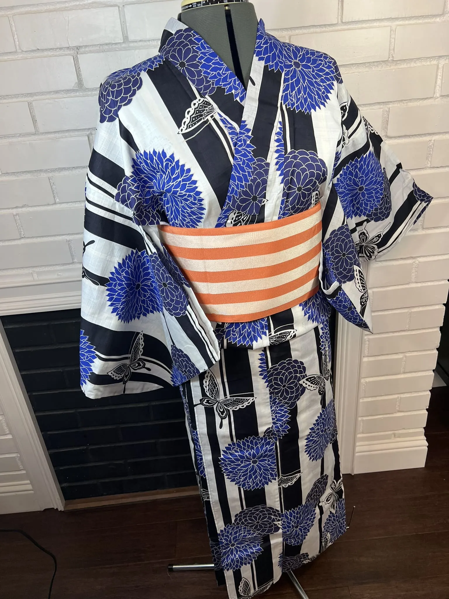 YUKATA and OBI 2 pc set, Size: M-L, Blue Floral & Butterfly Yukata and Orange Stripe Obi Set / Japanese Traditional Women's Yukata and Han-haba Obi